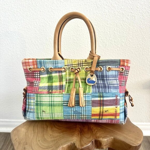 Dooney & Bourke Ants at Picnic Madras Plaid Canvas Leather Top Handle Bag Charm - Picture 1 of 14